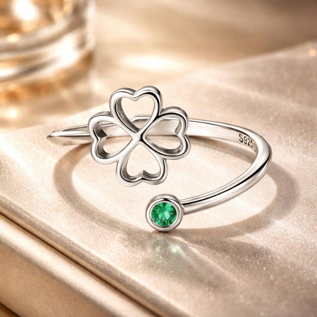 925 Sterling Silver Four-Leaf Clover Ring with Pavé CZ - 0.15cm Width by Bids.com