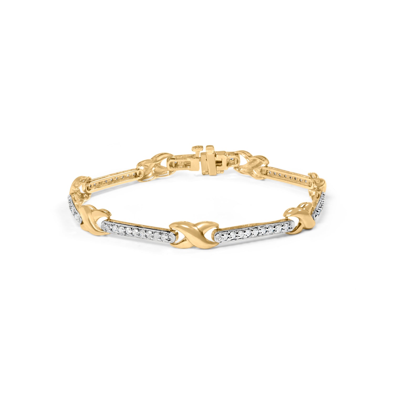 10K Yellow Gold 1.00 Cttw Pave Set Diamond Bar and X-Link 7" Bracelet (I-J Color, I3 Quality) by Bids.com
