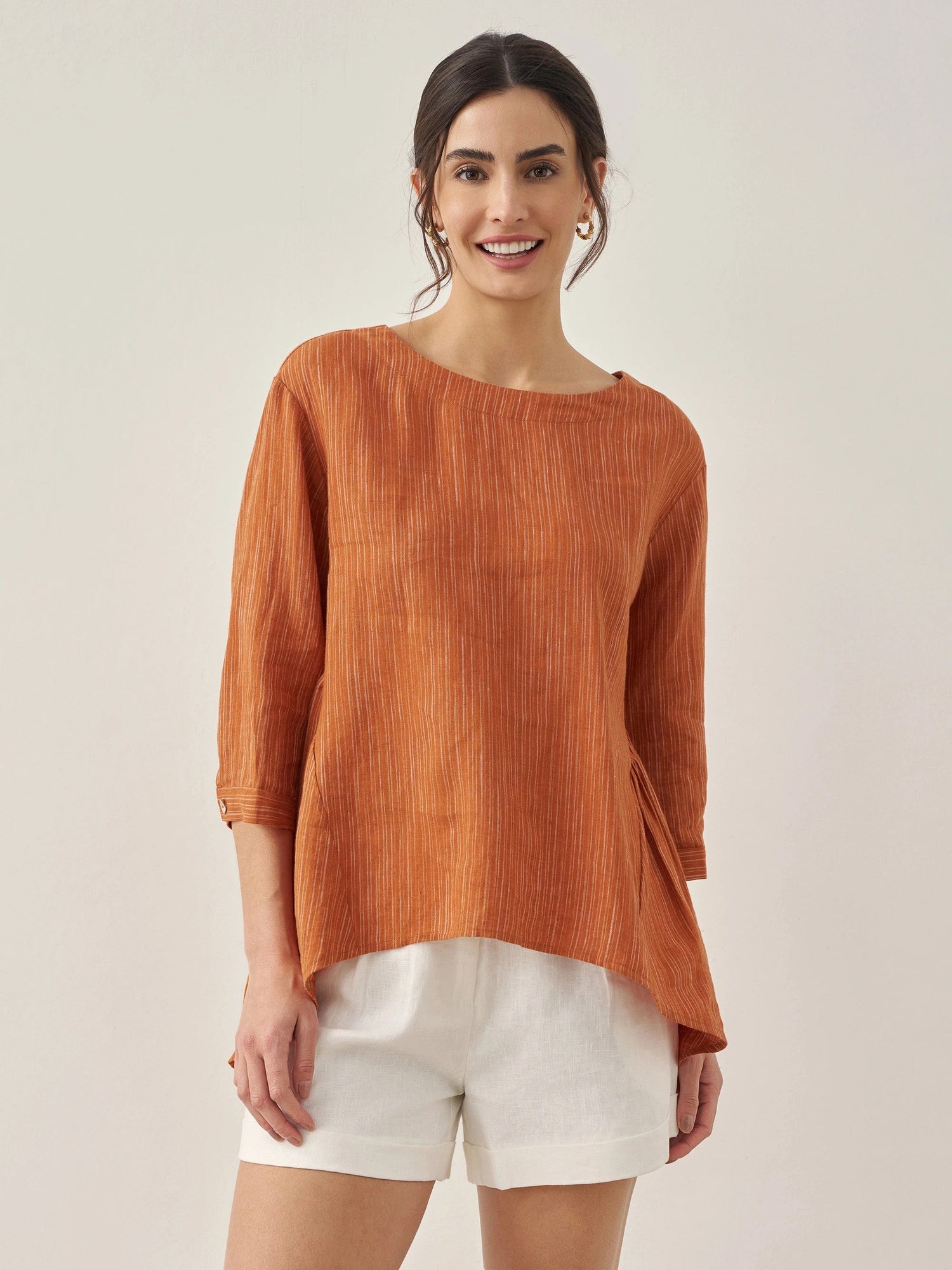 100% Linen Round Neck Artistic Stripe Top FLORENCE by LINTICO