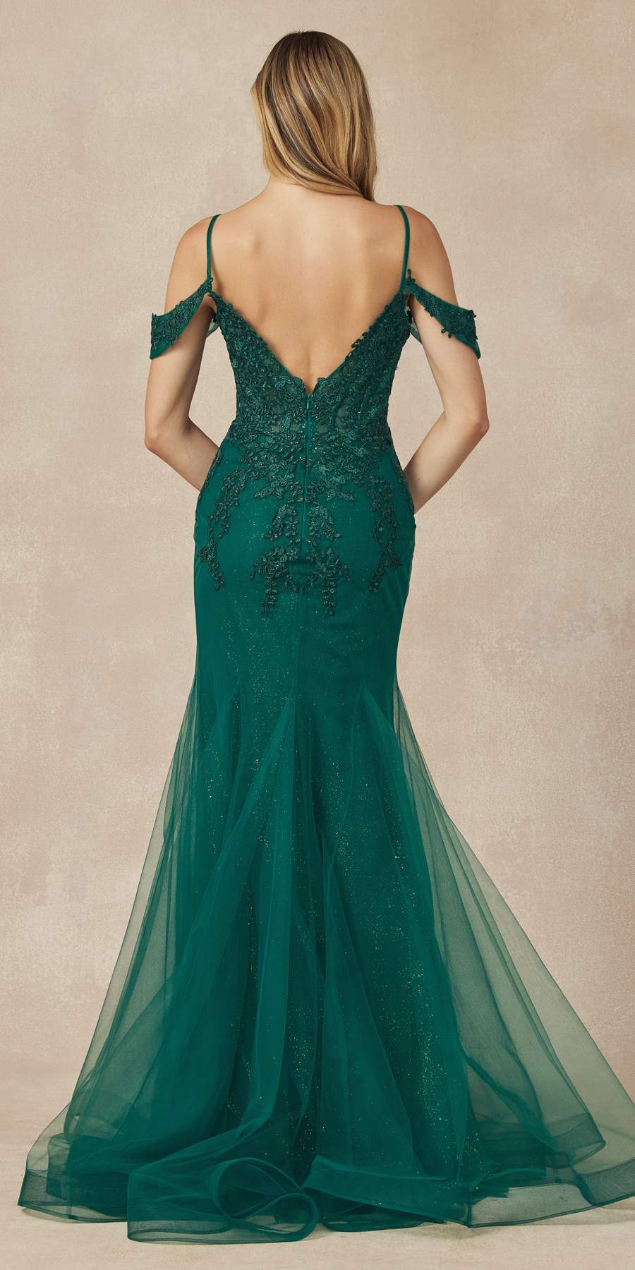 Juliet 281 Long Fully Mesh Gown Off the Shoulder Sleeves Mermaid Skirt by DiscountDressShop