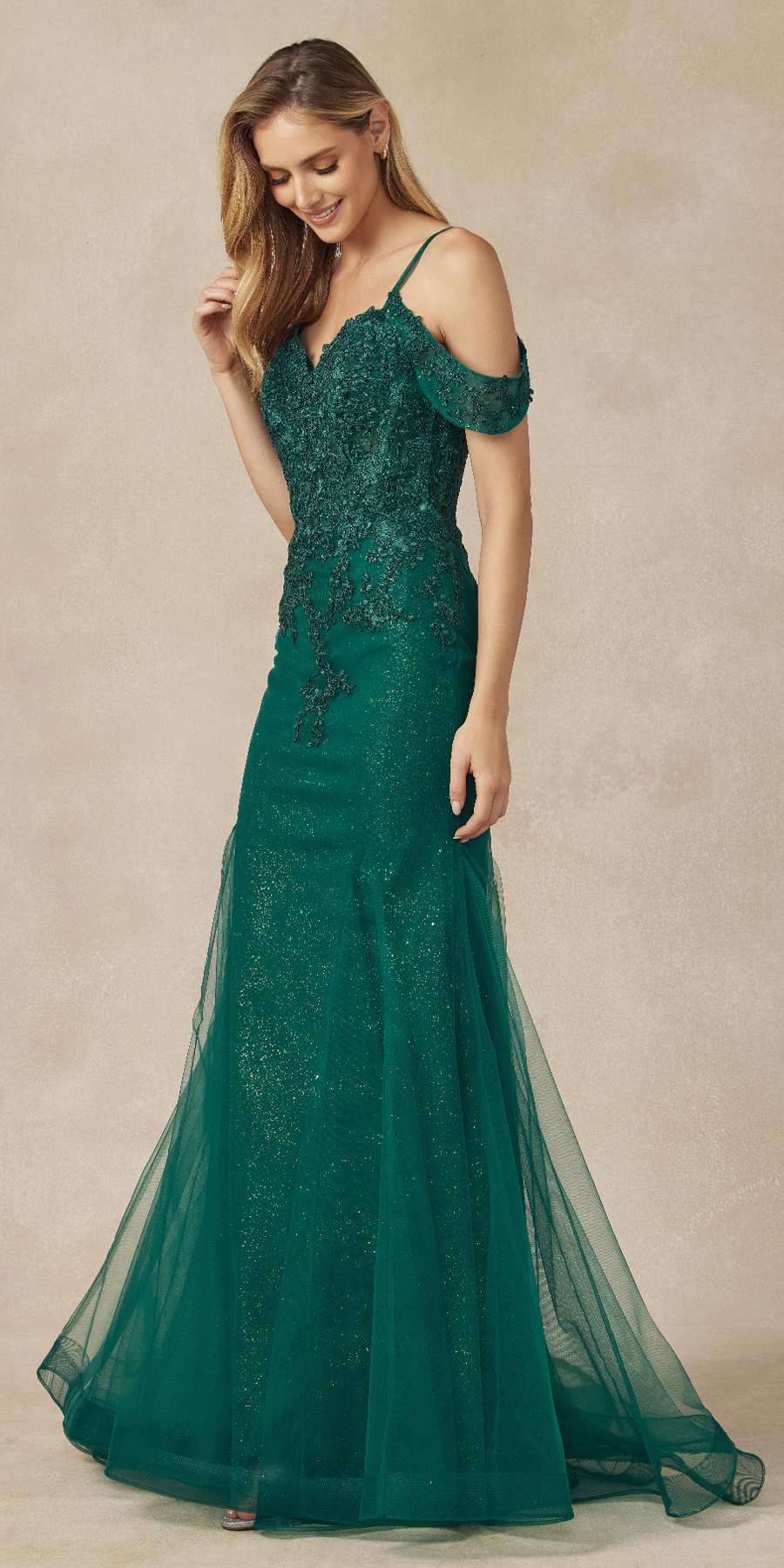 Juliet 281 Long Fully Mesh Gown Off the Shoulder Sleeves Mermaid Skirt by DiscountDressShop
