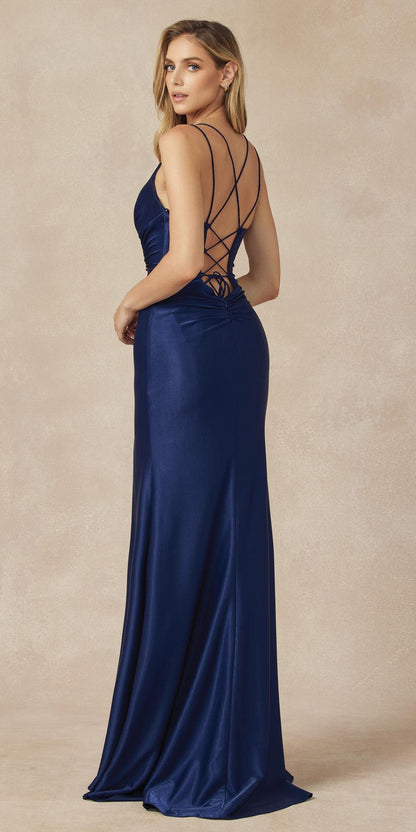 Juliet 284 Long Ruched Bodice Mermaid Evening Gown with Slit by DiscountDressShop