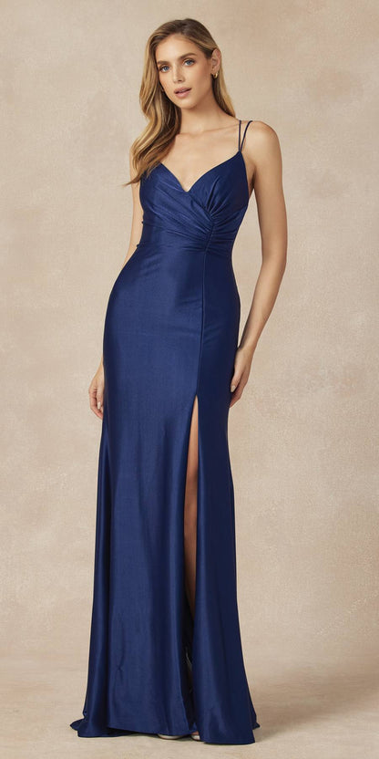 Juliet 284 Long Ruched Bodice Mermaid Evening Gown with Slit by DiscountDressShop