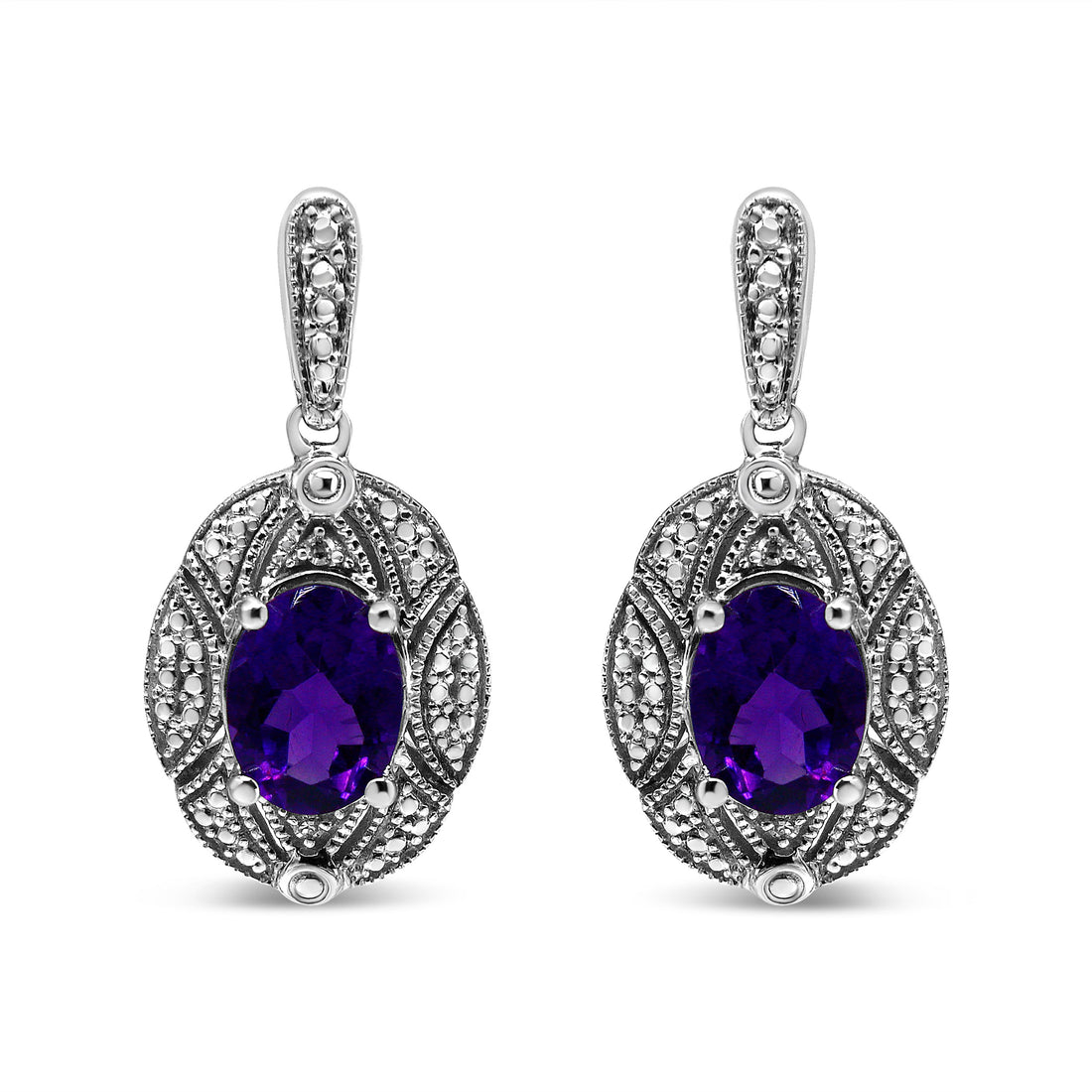 .925 Sterling Silver Diamond Accent and 8x6mm Purple Oval Amethyst Stud Earrings (I-J Color, I1-I2 Clarity) by Bids.com