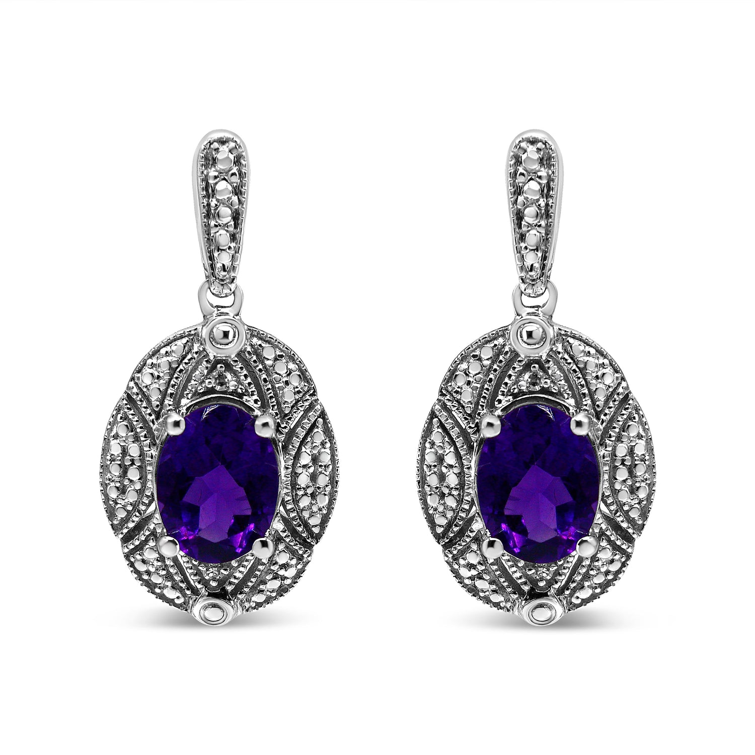 .925 Sterling Silver Diamond Accent and 8x6mm Purple Oval Amethyst Stud Earrings (I-J Color, I1-I2 Clarity) by Bids.com
