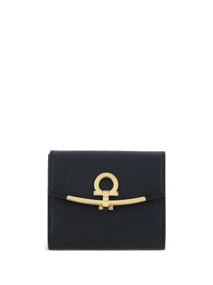Ferragamo Women Hammered Leather Gold Gancini Compact Wallet by Luosophy