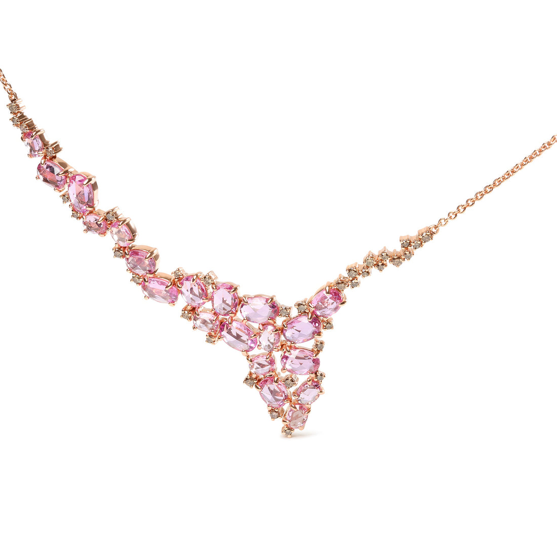 18K Rose Gold 1/2 Cttw Brown Diamond and Multi-Size Oval Pink Sapphire Cluster Cascade Statement Station Necklace (Brown Color, SI1-SI2 Clarity) - Adjustable up to 14" to 16" by Bids.com