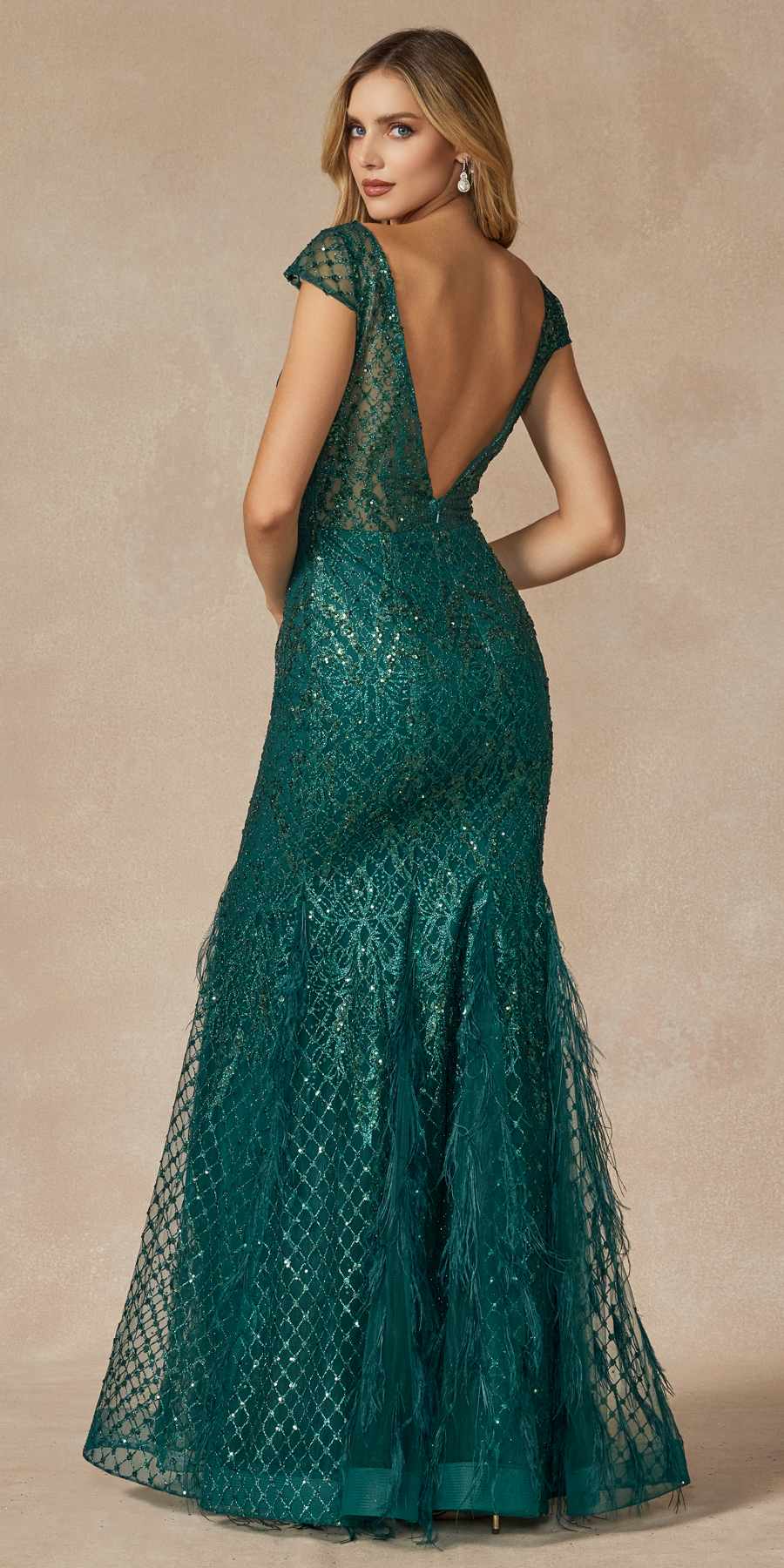 Juliet 286 Floor Length Feather Skirt Embellished Fitted Prom Dress by DiscountDressShop