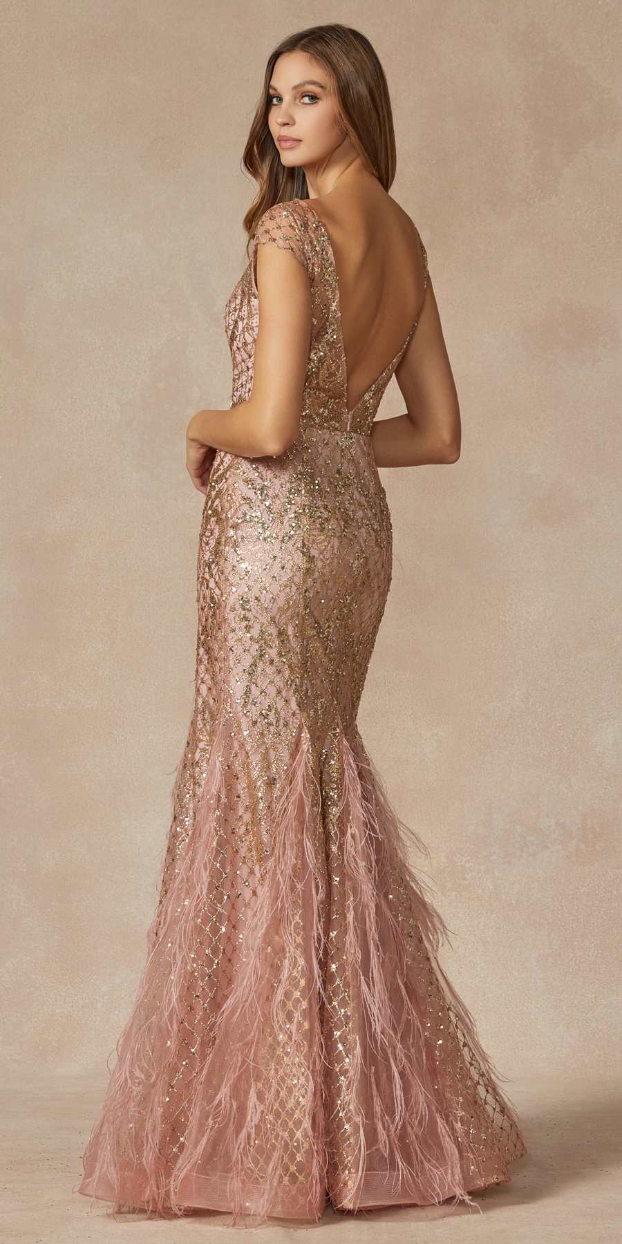 Juliet 286 Floor Length Feather Skirt Embellished Fitted Prom Dress by DiscountDressShop