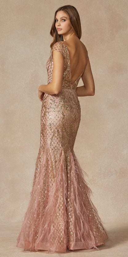 Juliet 286 Floor Length Feather Skirt Embellished Fitted Prom Dress by DiscountDressShop