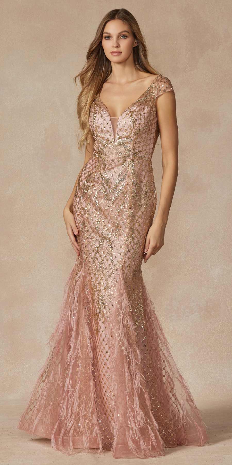Juliet 286 Floor Length Feather Skirt Embellished Fitted Prom Dress by DiscountDressShop