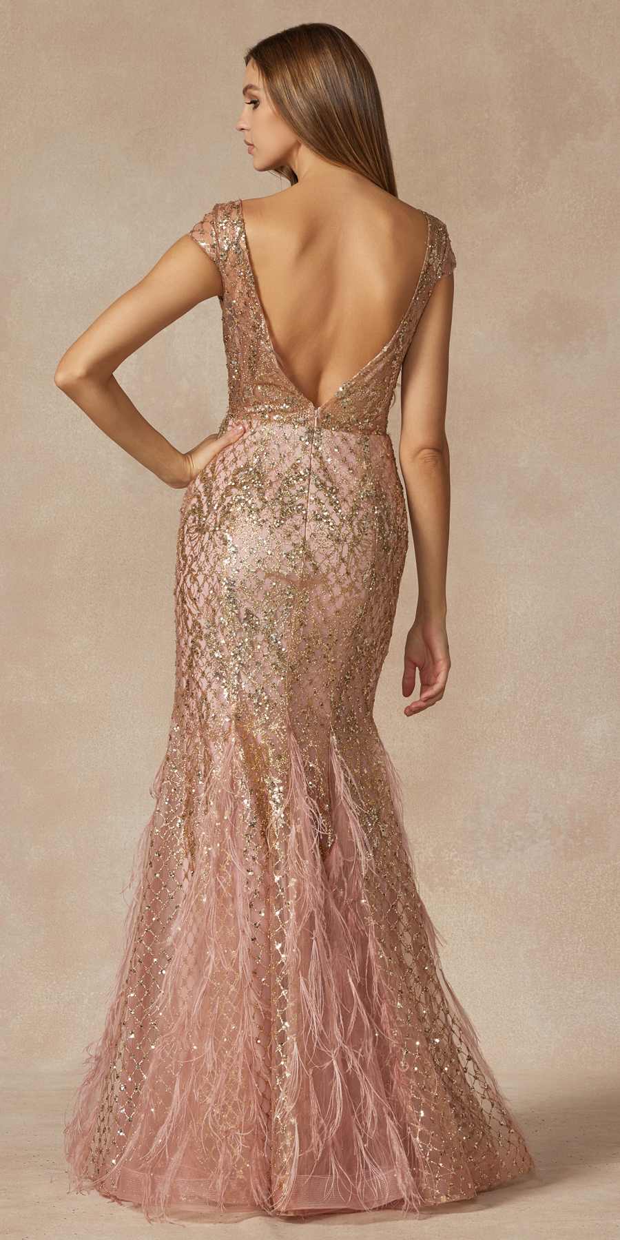 Juliet 286 Floor Length Feather Skirt Embellished Fitted Prom Dress by DiscountDressShop