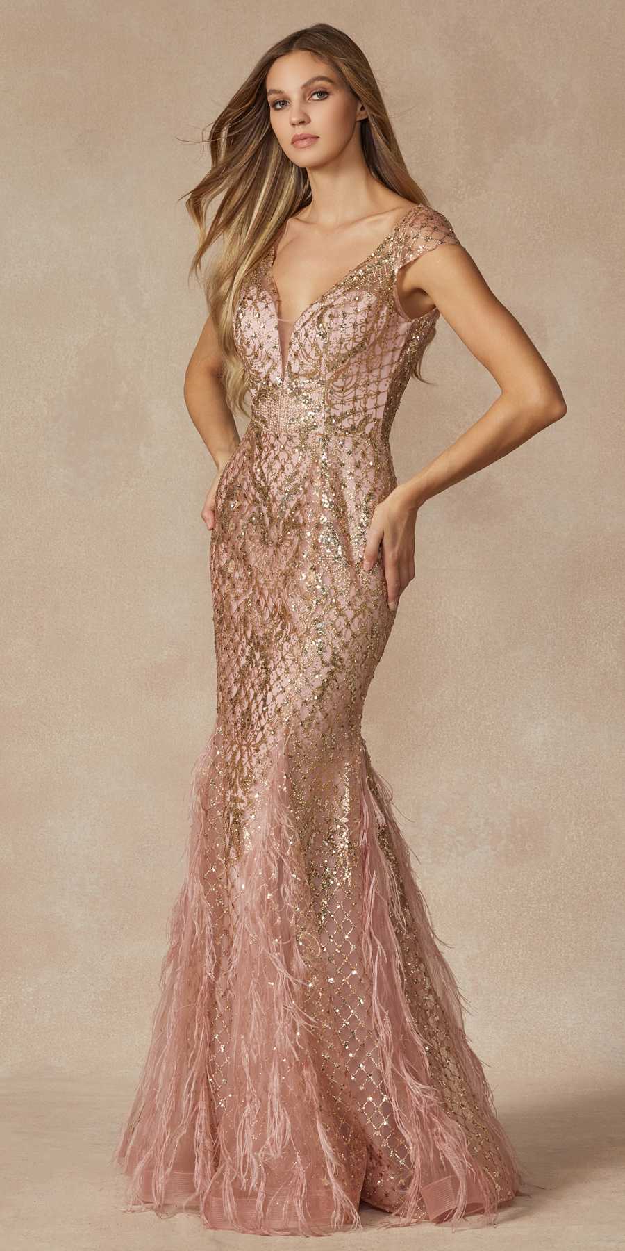 Juliet 286 Floor Length Feather Skirt Embellished Fitted Prom Dress by DiscountDressShop