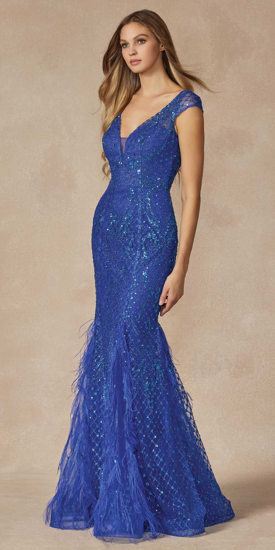 Juliet 286 Floor Length Feather Skirt Embellished Fitted Prom Dress by DiscountDressShop