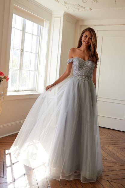 Juliet 287 Long Off the Shoulder Beaded Top A-Line Prom Dress by DiscountDressShop