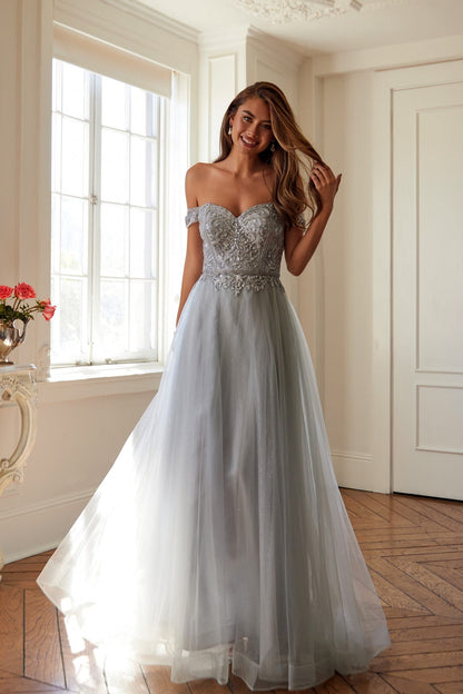 Juliet 287 Long Off the Shoulder Beaded Top A-Line Prom Dress by DiscountDressShop