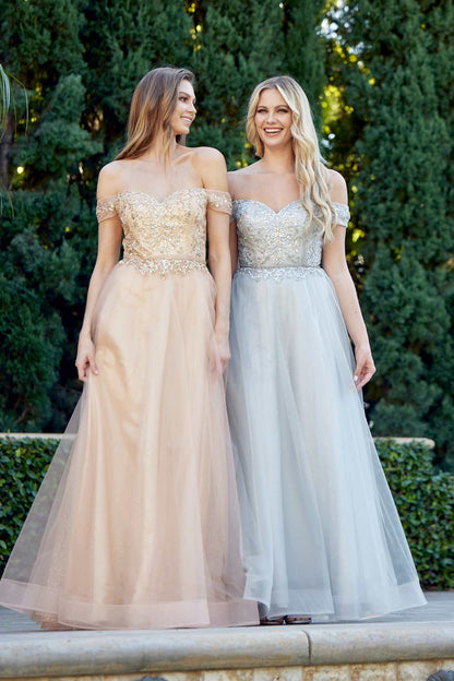 Juliet 287 Long Off the Shoulder Beaded Top A-Line Prom Dress by DiscountDressShop