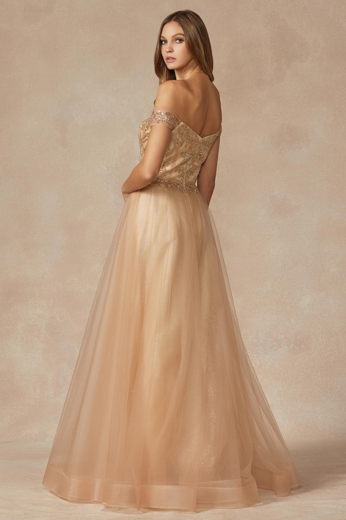Juliet 287 Long Off the Shoulder Beaded Top A-Line Prom Dress by DiscountDressShop