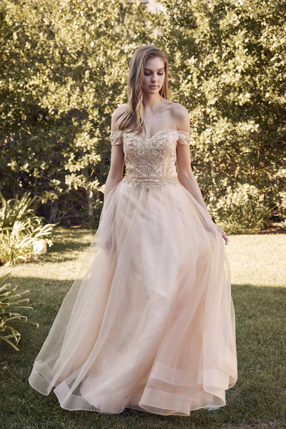 Juliet 287 Long Off the Shoulder Beaded Top A-Line Prom Dress by DiscountDressShop