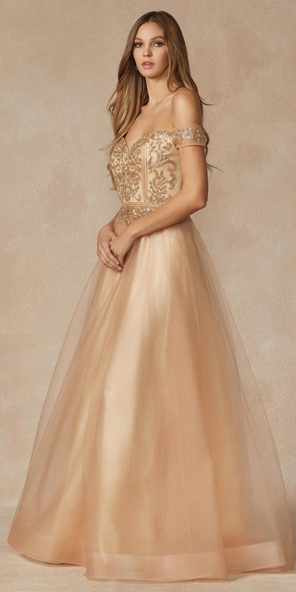 Juliet 287 Long Off the Shoulder Beaded Top A-Line Prom Dress by DiscountDressShop