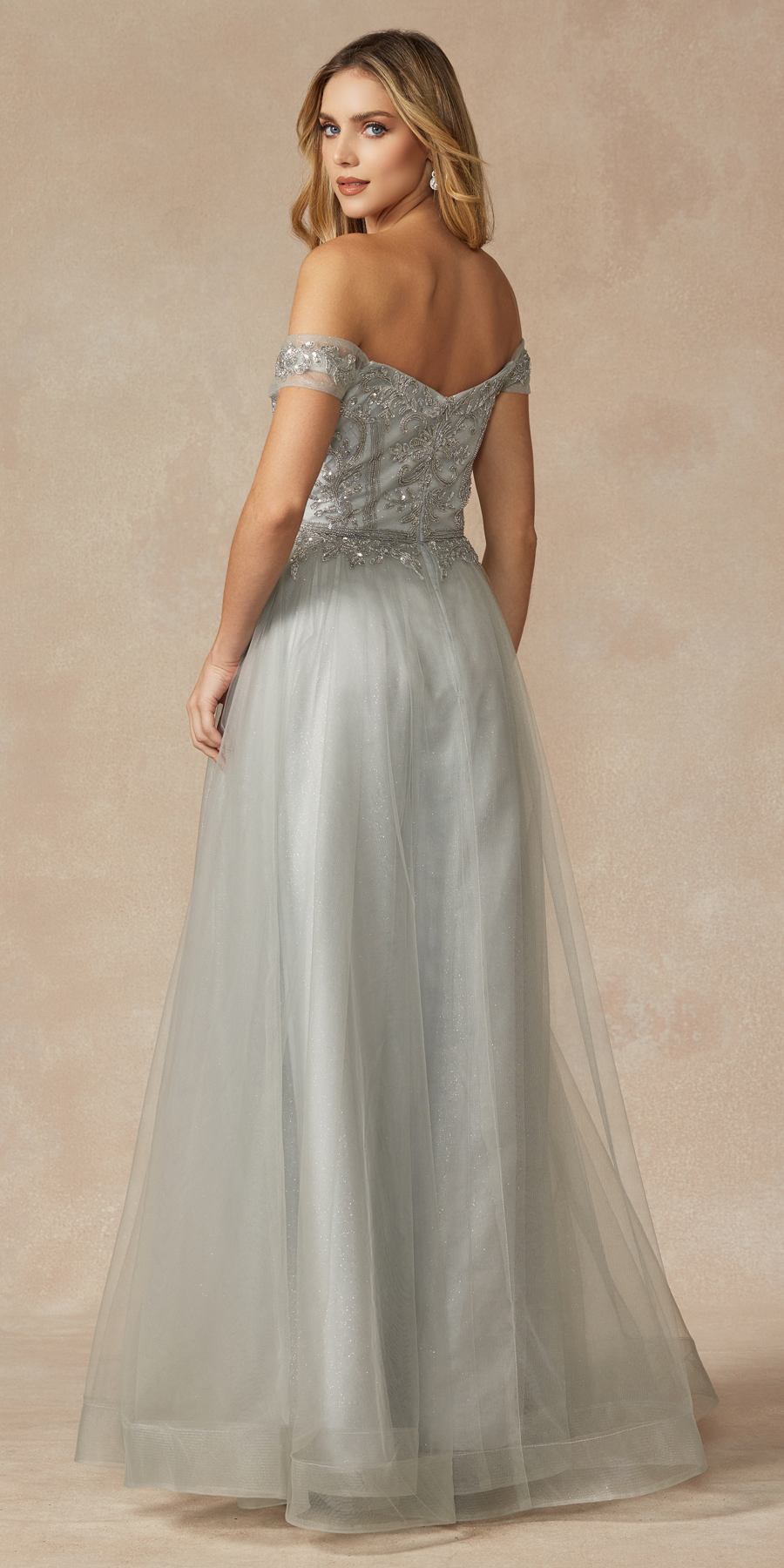 Juliet 287 Long Off the Shoulder Beaded Top A-Line Prom Dress by DiscountDressShop