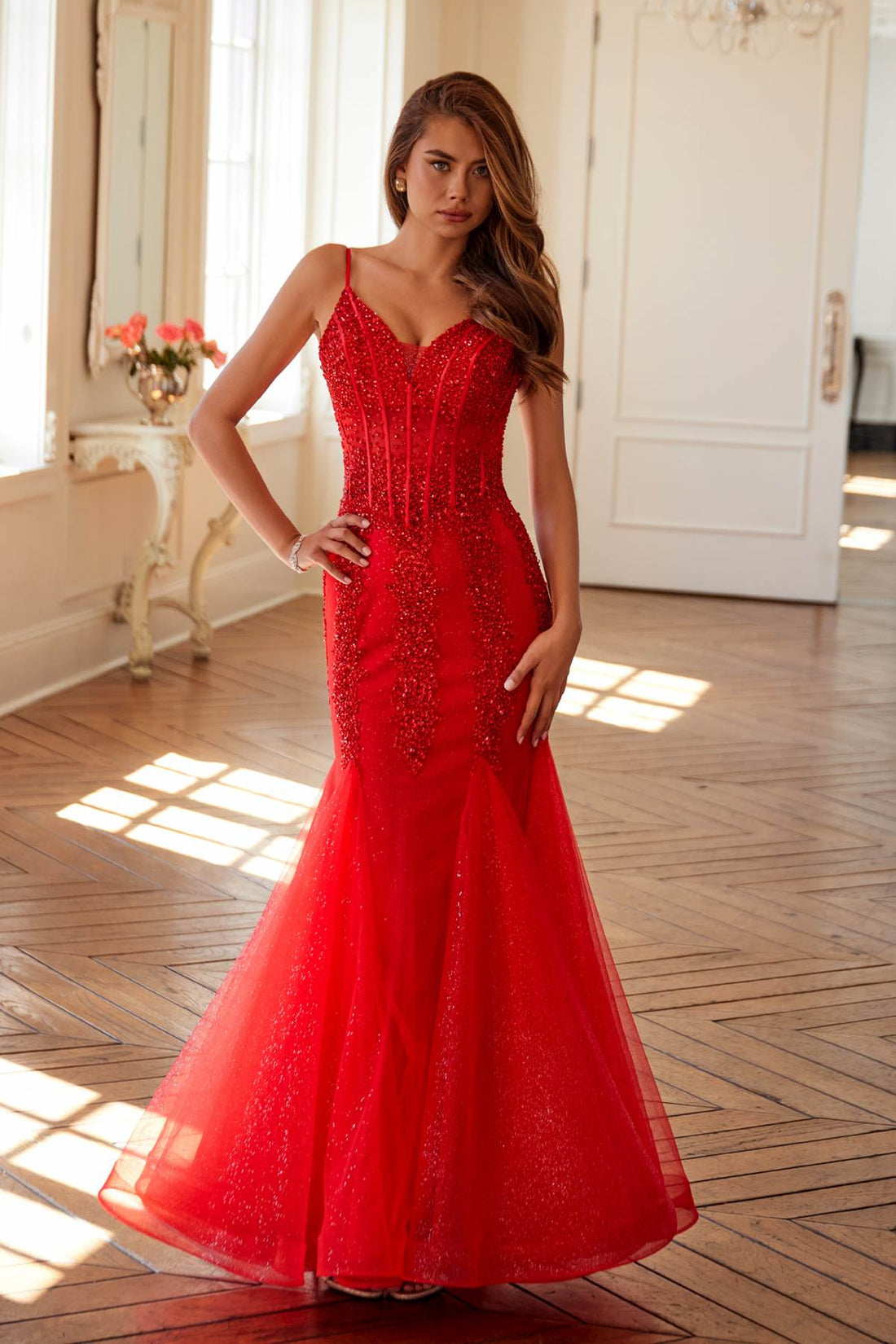 Juliet JT2883C Embellished Fitted Corset Mermaid Gown by DiscountDressShop