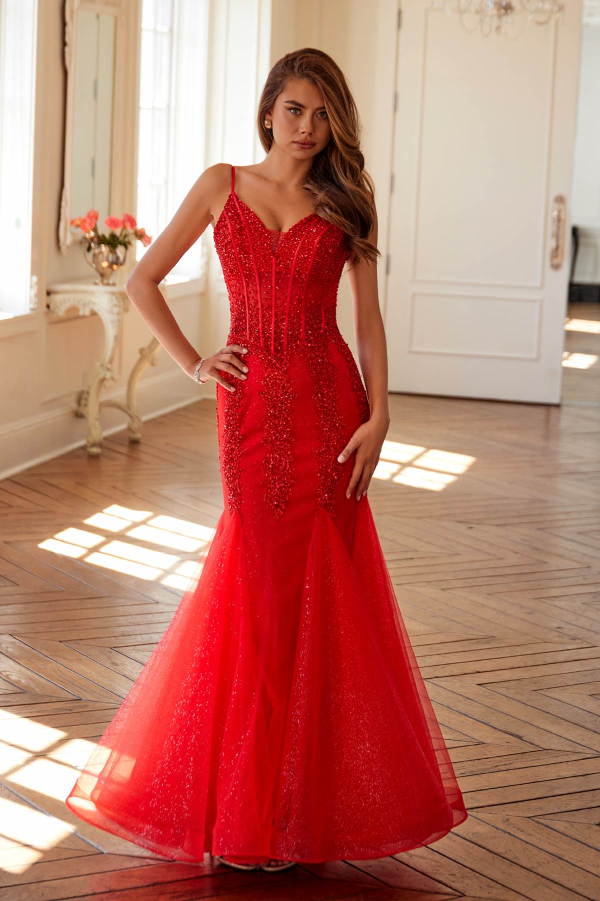 Juliet JT2883C Embellished Fitted Corset Mermaid Gown by DiscountDressShop