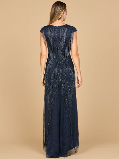 Beaded Fringe V-Neckline Dress with Cap Sleeves | Lara 28858 by Lara New York