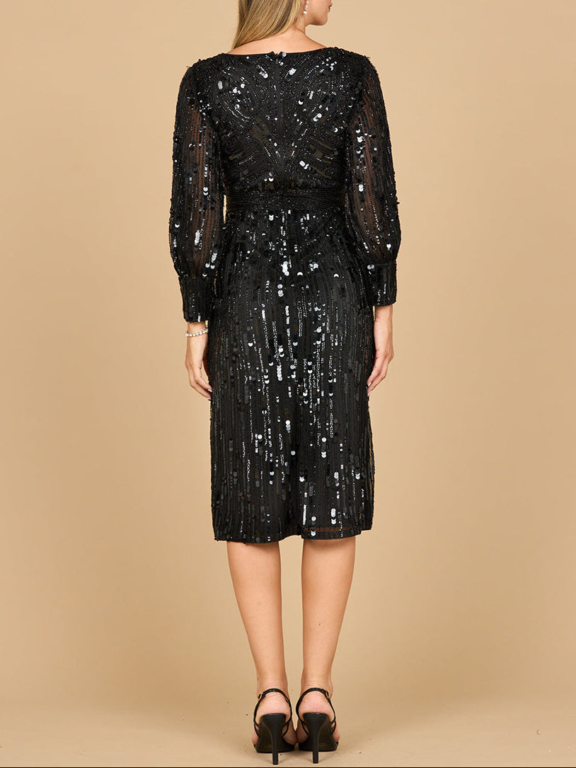 Lara 28855 - Beaded A-line Midi Dress with Long Sleeves by Lara New York