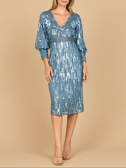 Lara 28855 - Beaded A-line Midi Dress with Long Sleeves by Lara New York