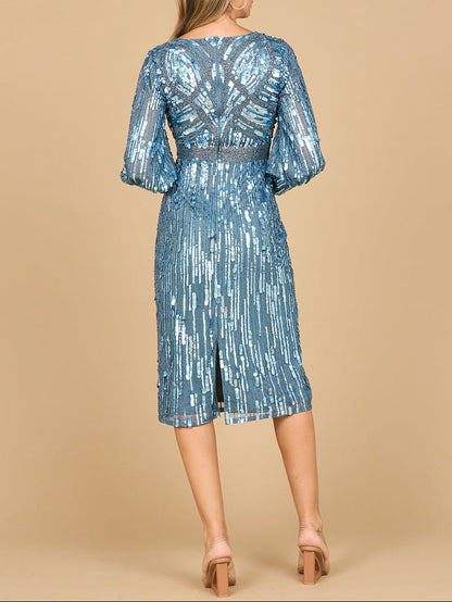 Lara 28855 - Beaded A-line Midi Dress with Long Sleeves by Lara New York