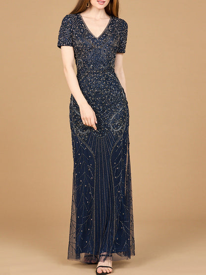 Short Sleeve Sheath Beaded Gown by Lara New York