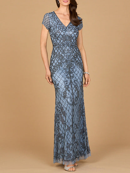 Cap Sleeve Mermaid Beaded Gown by Lara New York