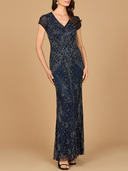 Cap Sleeve Mermaid Beaded Gown by Lara New York