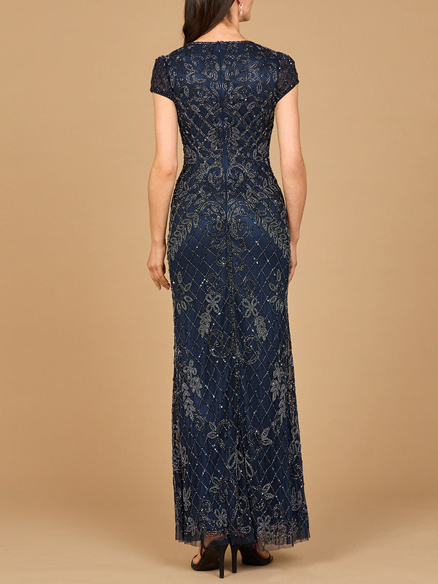 Cap Sleeve Mermaid Beaded Gown by Lara New York