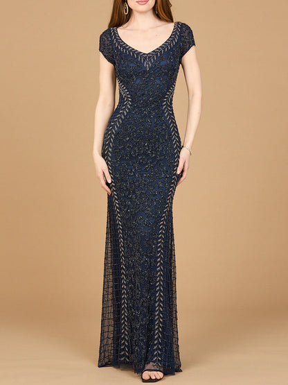Beaded Mermaid Cap Sleeve Gown by Lara New York