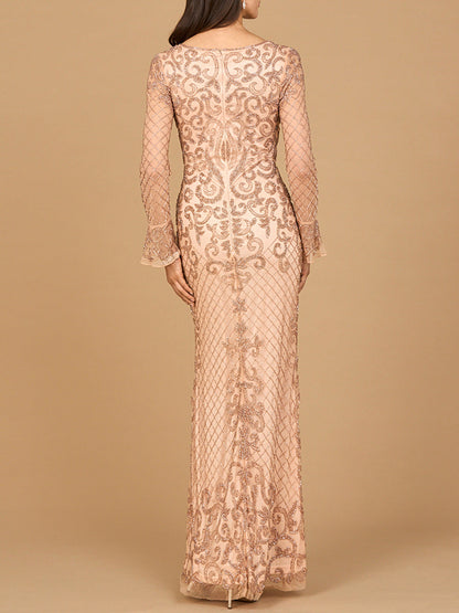 Beaded Long Sleeve V-neck Gown by Lara New York