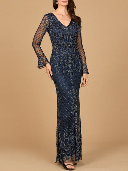 Beaded Long Sleeve V-neck Gown by Lara New York