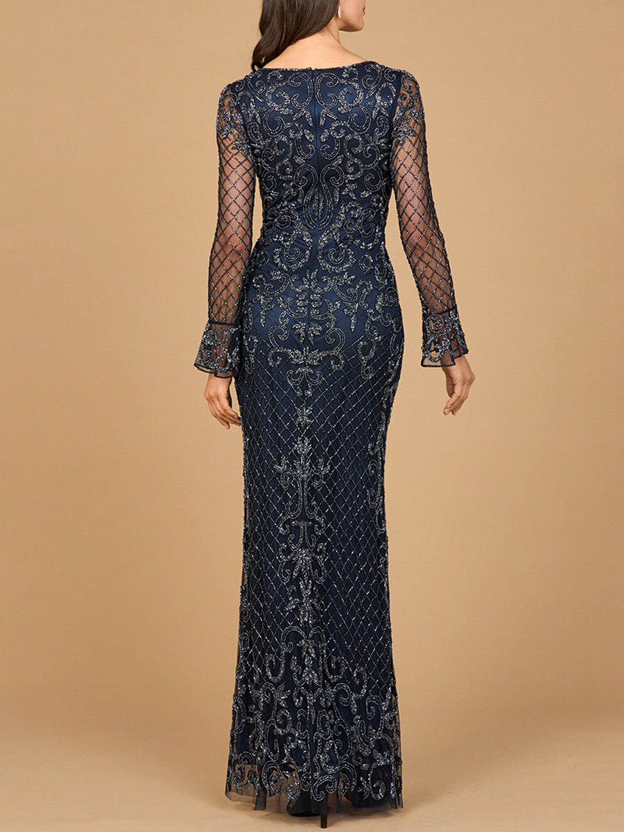 Beaded Long Sleeve V-neck Gown by Lara New York