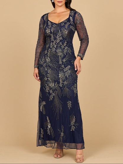 Long Sleeve Queen Anne Beaded Gown by Lara New York