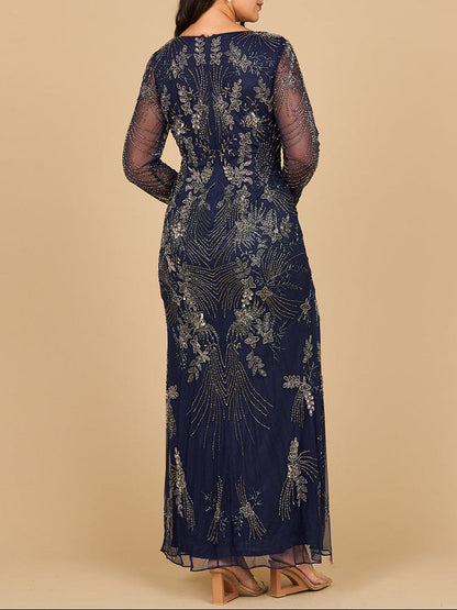 Long Sleeve Queen Anne Beaded Gown by Lara New York