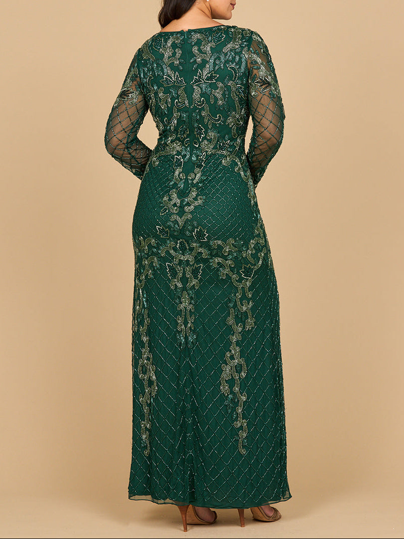 Lara 28877- Long Sleeve Contrast Beaded Gown by Lara New York