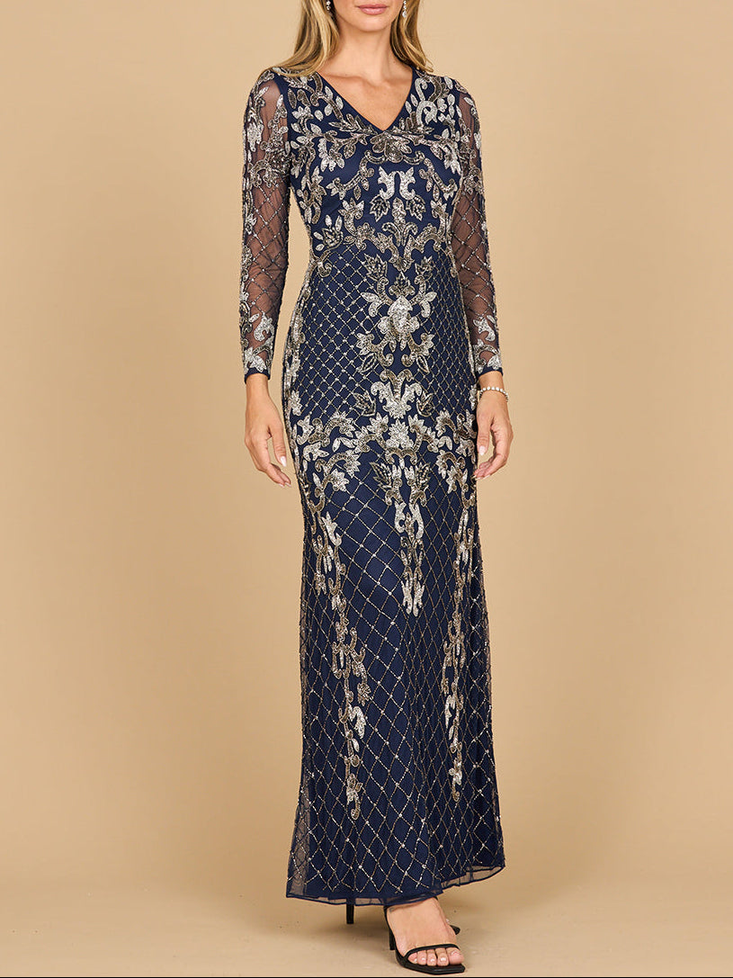 Lara 28877- Long Sleeve Contrast Beaded Gown by Lara New York