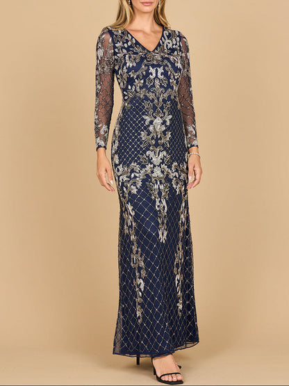 Lara 28877- Long Sleeve Contrast Beaded Gown by Lara New York