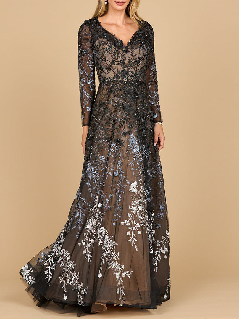 Lara 28878- Long Sleeve V-Neck Ombre Lace Gown by Lara New York