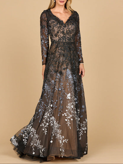 Lara 28878- Long Sleeve V-Neck Ombre Lace Gown by Lara New York