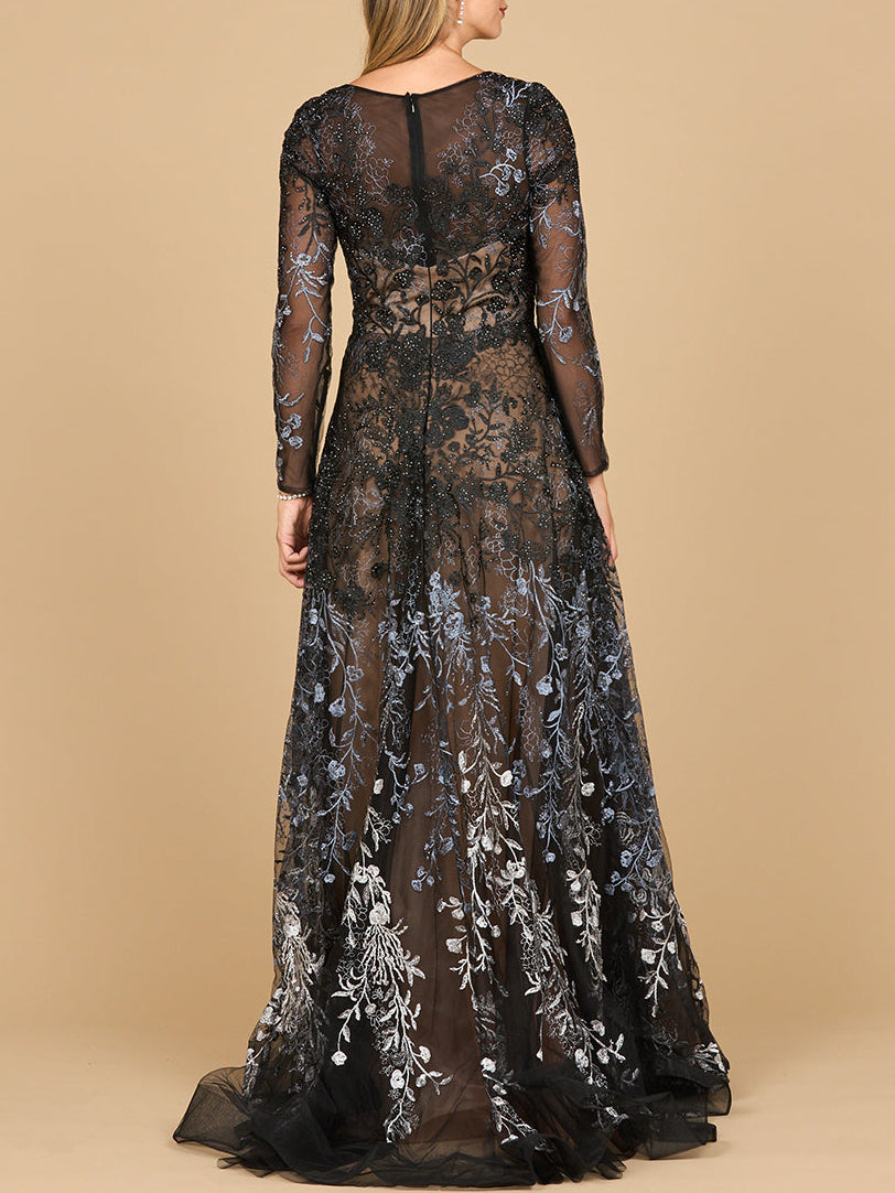 Lara 28878- Long Sleeve V-Neck Ombre Lace Gown by Lara New York