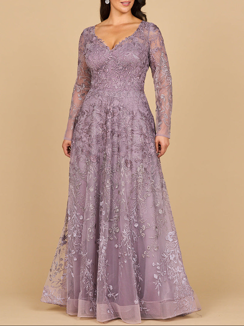 Lara 28878- Long Sleeve V-Neck Ombre Lace Gown by Lara New York