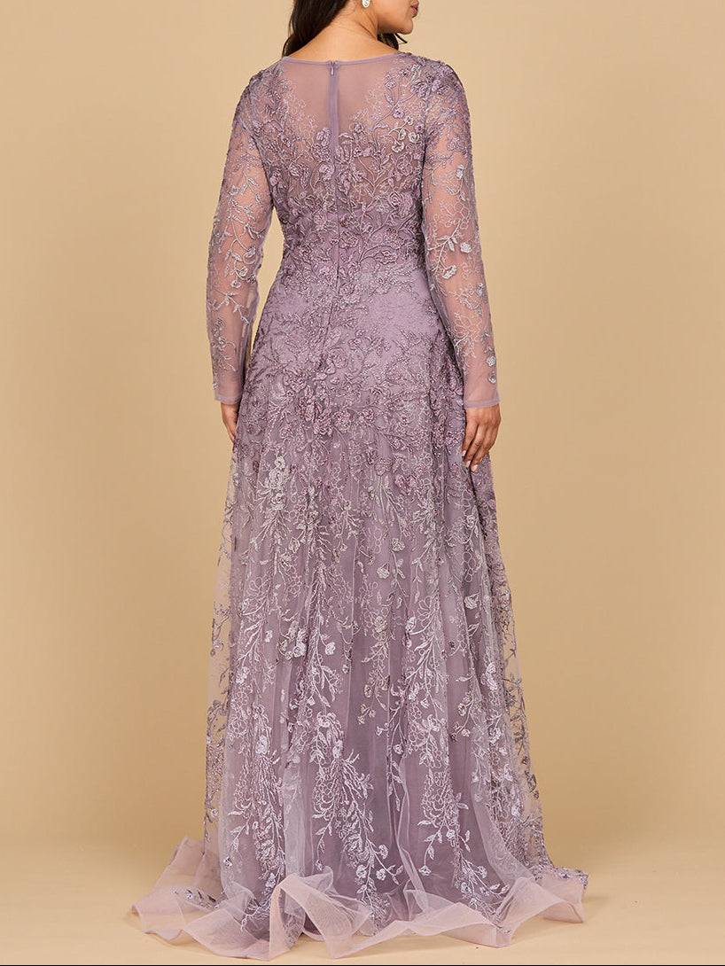 Lara 28878- Long Sleeve V-Neck Ombre Lace Gown by Lara New York