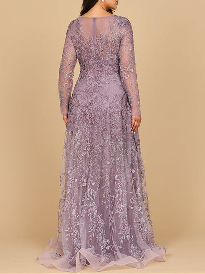 Lara 28878- Long Sleeve V-Neck Ombre Lace Gown by Lara New York